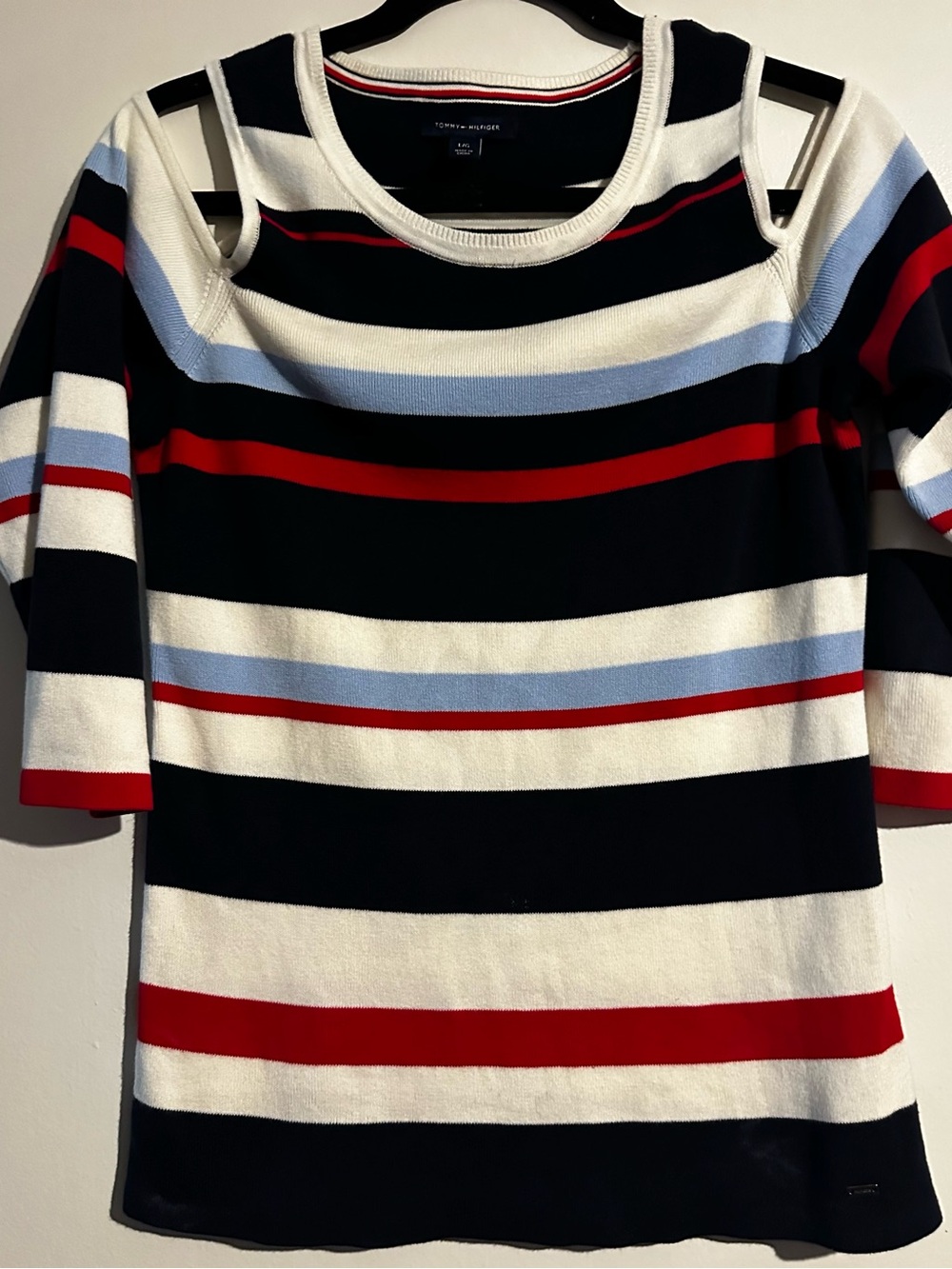 Tommy Hilfiger Navy, White, Red & Light Blue Striped Cold-Shoulder Sweater
